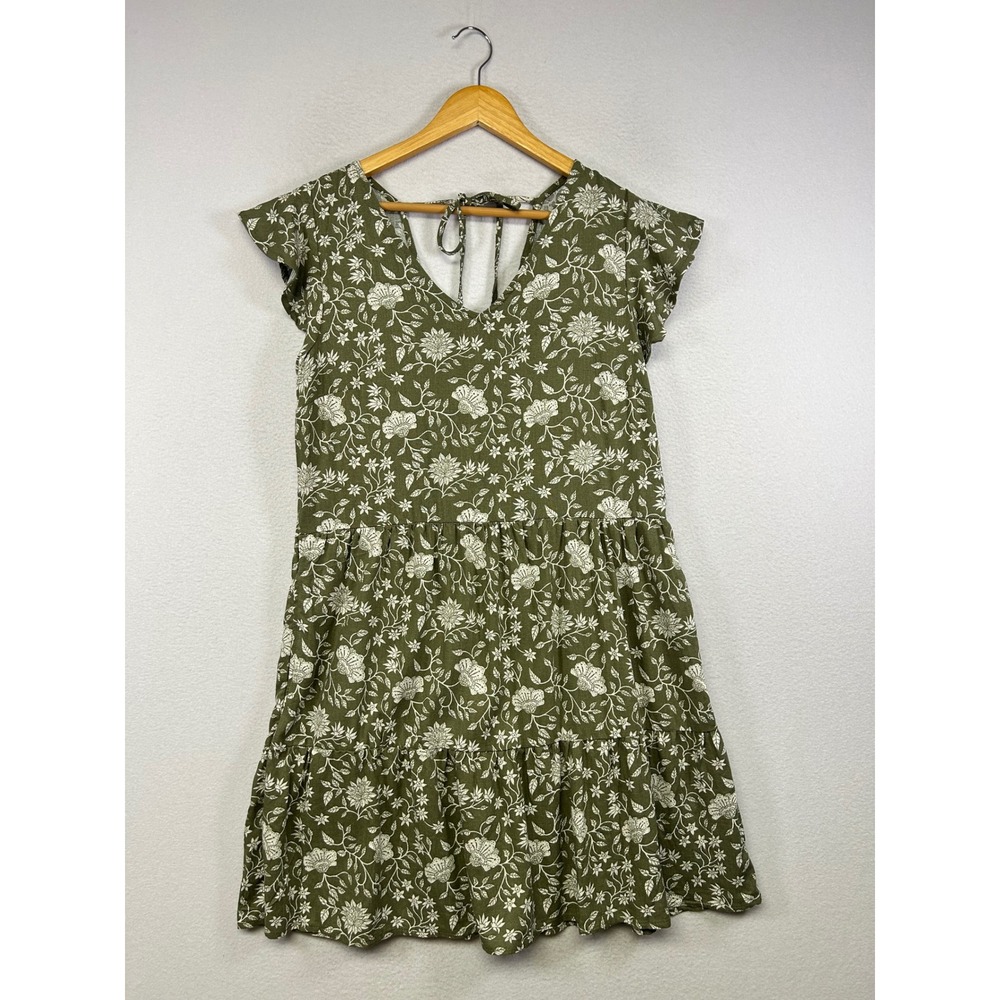 Cottagecore Devoted Women M Olive Green Floral Tiered Linen Blend Mini Dress